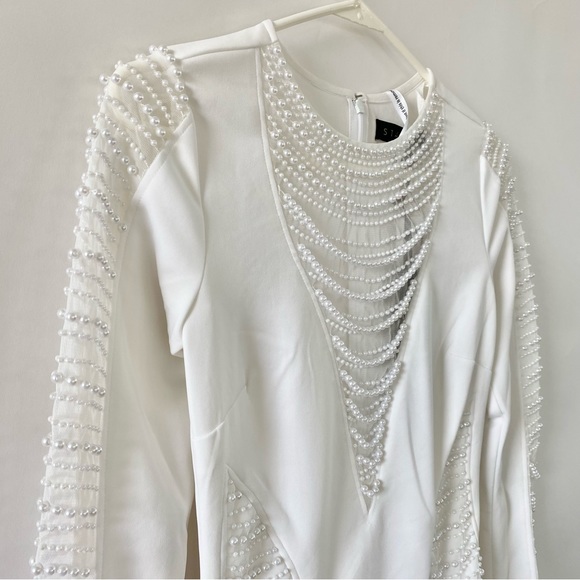 NWT Starlet Bead Embellished Sheer Mesh Panels Long Sleeve Mini Dress White 2 - Picture 7 of 14